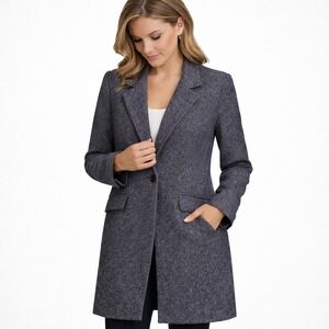 Cole‎ Haan Grey Wool Blend Herringbone Coat Women's 4 Classic Long Jacket